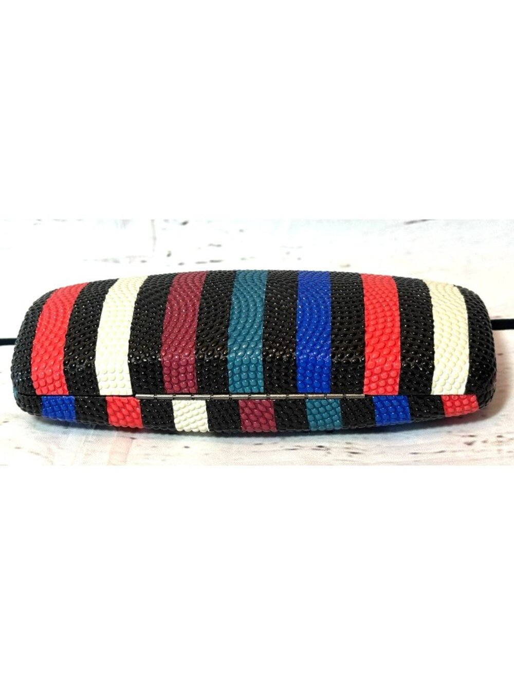 Textured Striped Beaded Eyeglass Case With Multicolor Design